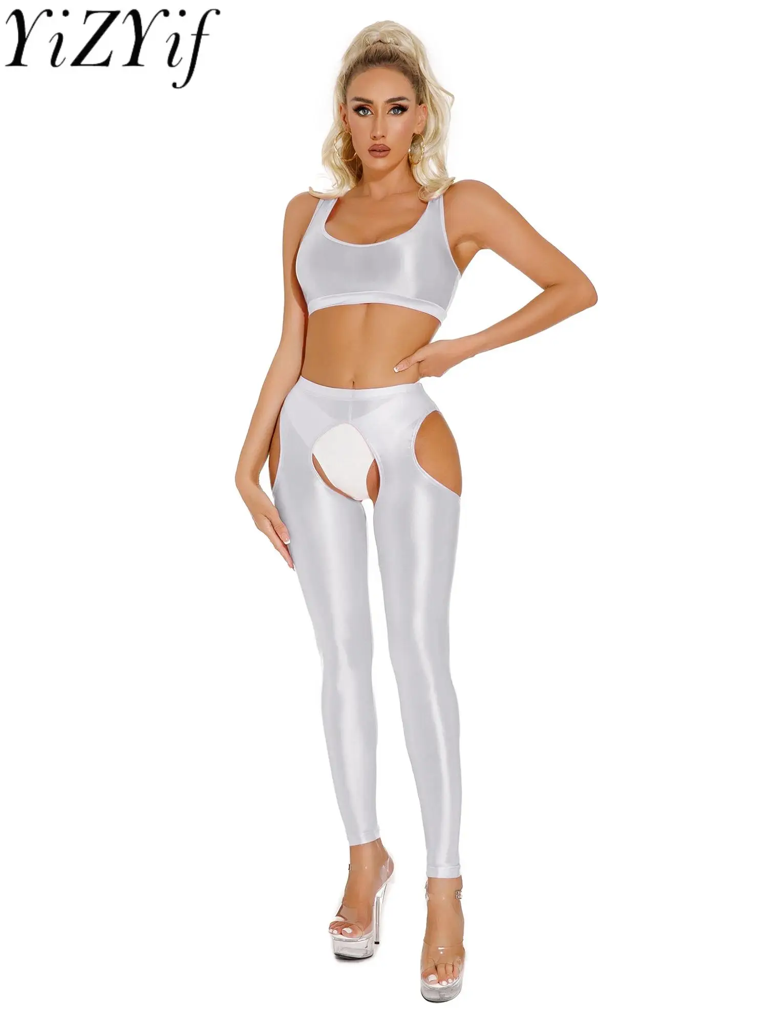 Sexy Womens Glossy Sets Two Pieces Tracksuit Sport Yoga Outfits Glossy Stretchy U Neck Crop Tank Top with Hollow Out Leggings