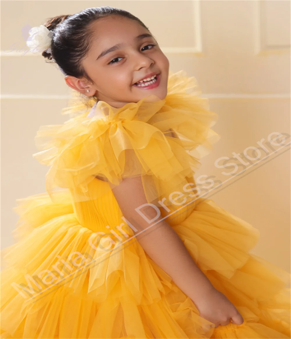 Abito da ragazza per Capodanno, soffice rete con volant, bordo in foglia di loto, elegante abito da compleanno per banchetti per feste di prima comunione per bambini