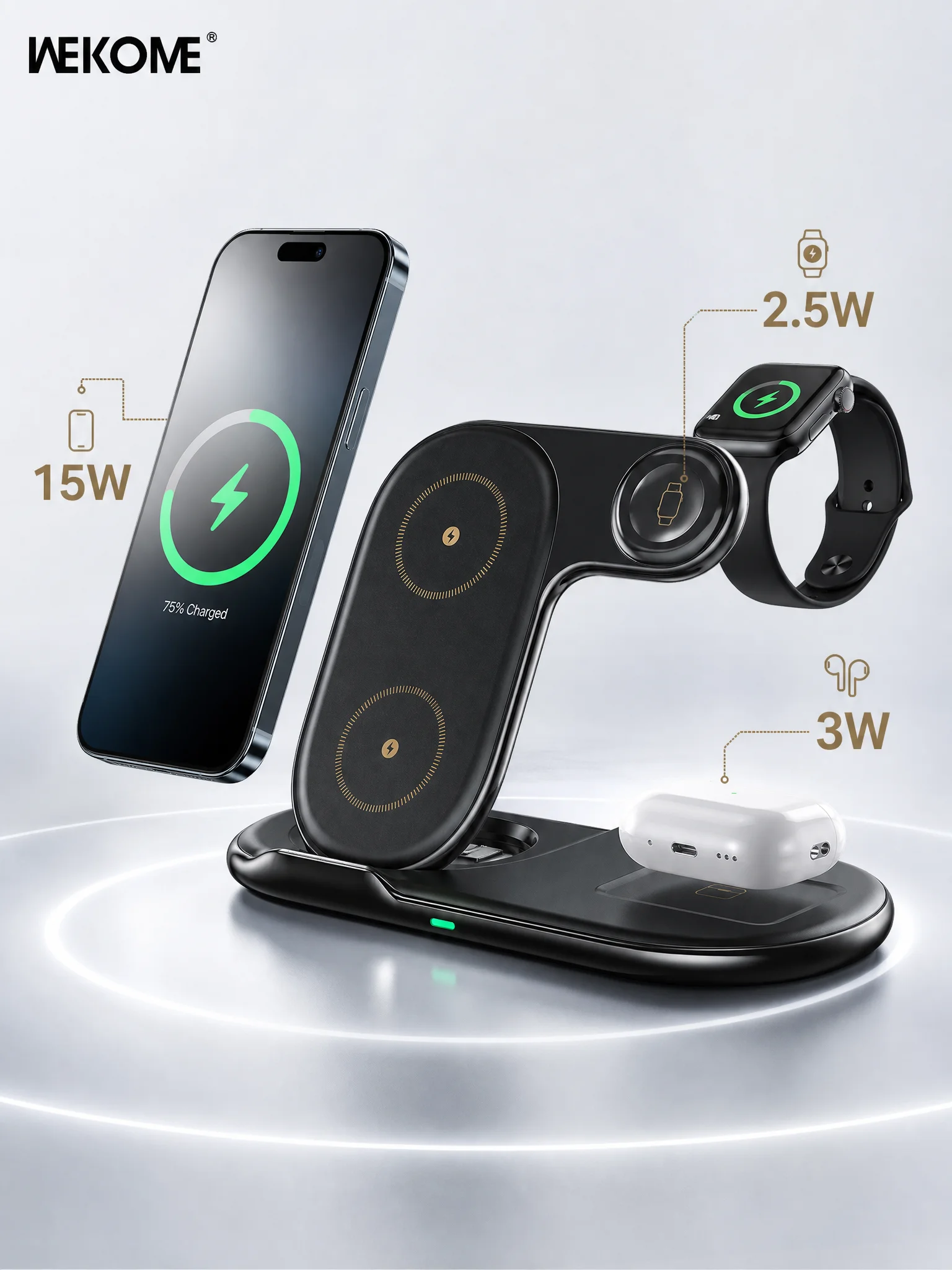 WEKOME 3 in 1 Foldable Stand Wireless Charger Adjustable Cooling for Phone Watch Earbuds Fast Charging WP U167