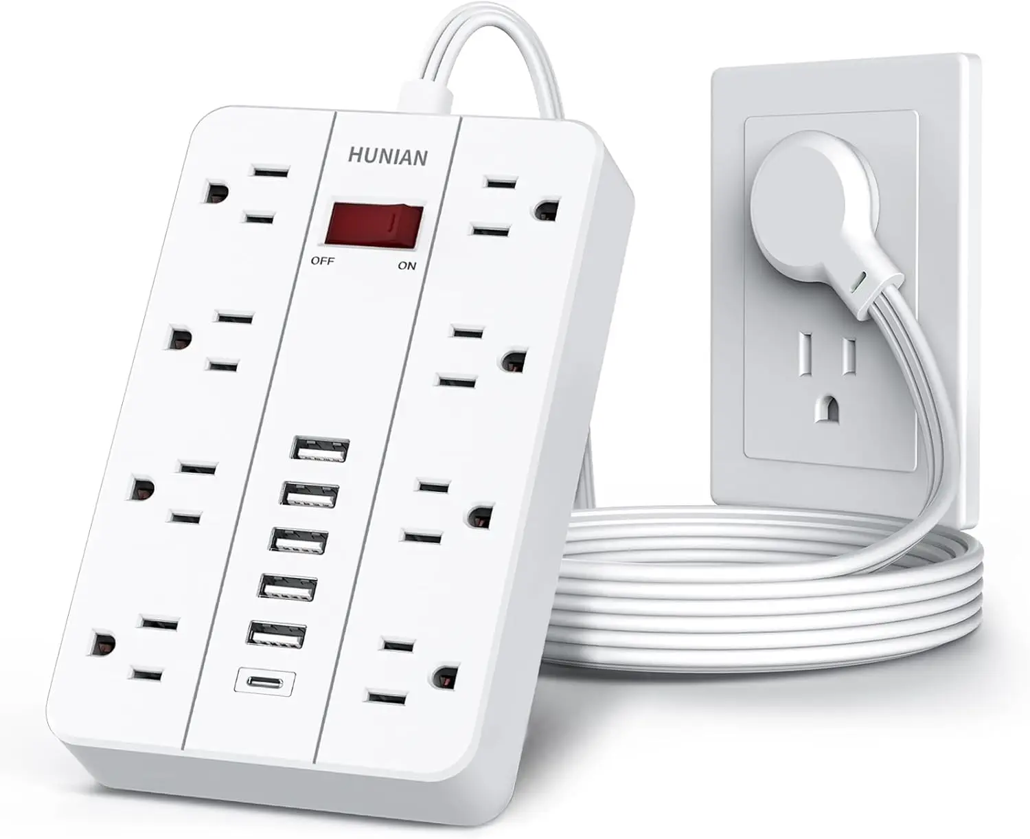 

Удлинитель с плоскими вилками, 8 розетками и 6 USB-портами (включая USB-C), 1,5 м, с защитой от перенапряжения, для дома и офиса, белый