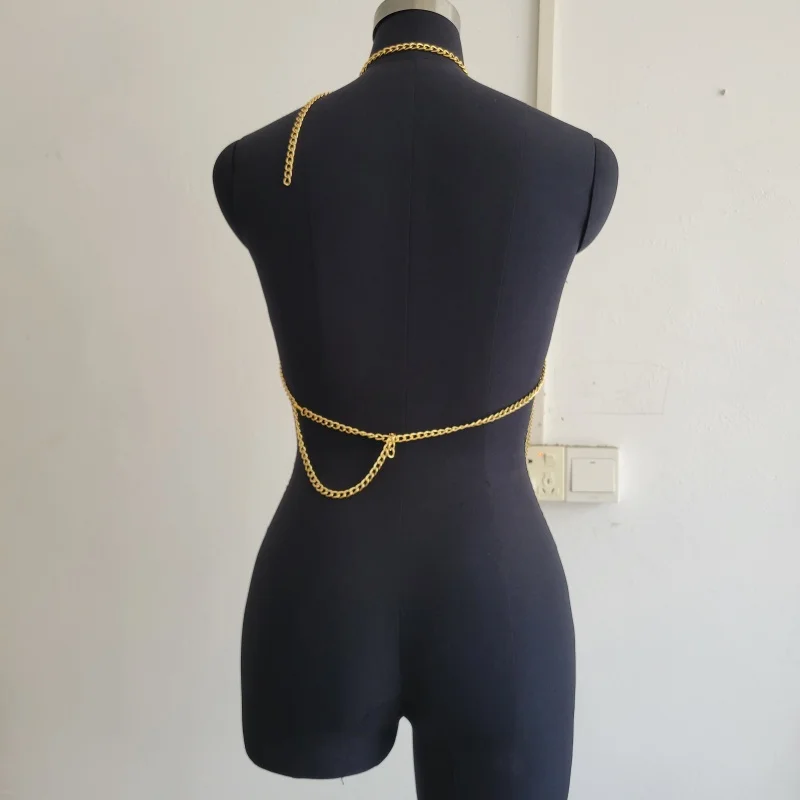 Damen Mehrschichtige Silberne Metall-Ketten Body Top Halter V-Ausschnitt Fransen Body Harness Crop Top Nachtclub Rave Festival Sexy Ketten-Tops – Detail 11