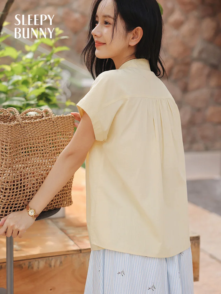 

Preppy Style Pleated Short Sleeve Shirt Women Summer Loose Button Down Blouse Lightweight Turn-Down Collar Top Teen Casual Wear