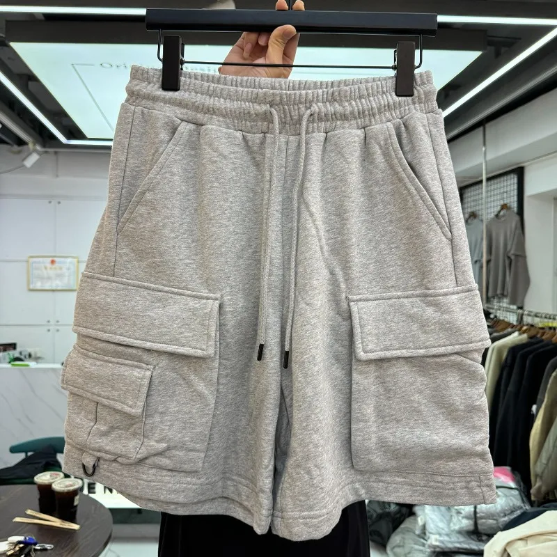 

Summer Trendy Multi Pocket Workwear Terry Shorts Men Women Loose Casual Drawstring Straight Leg Cropped Pants