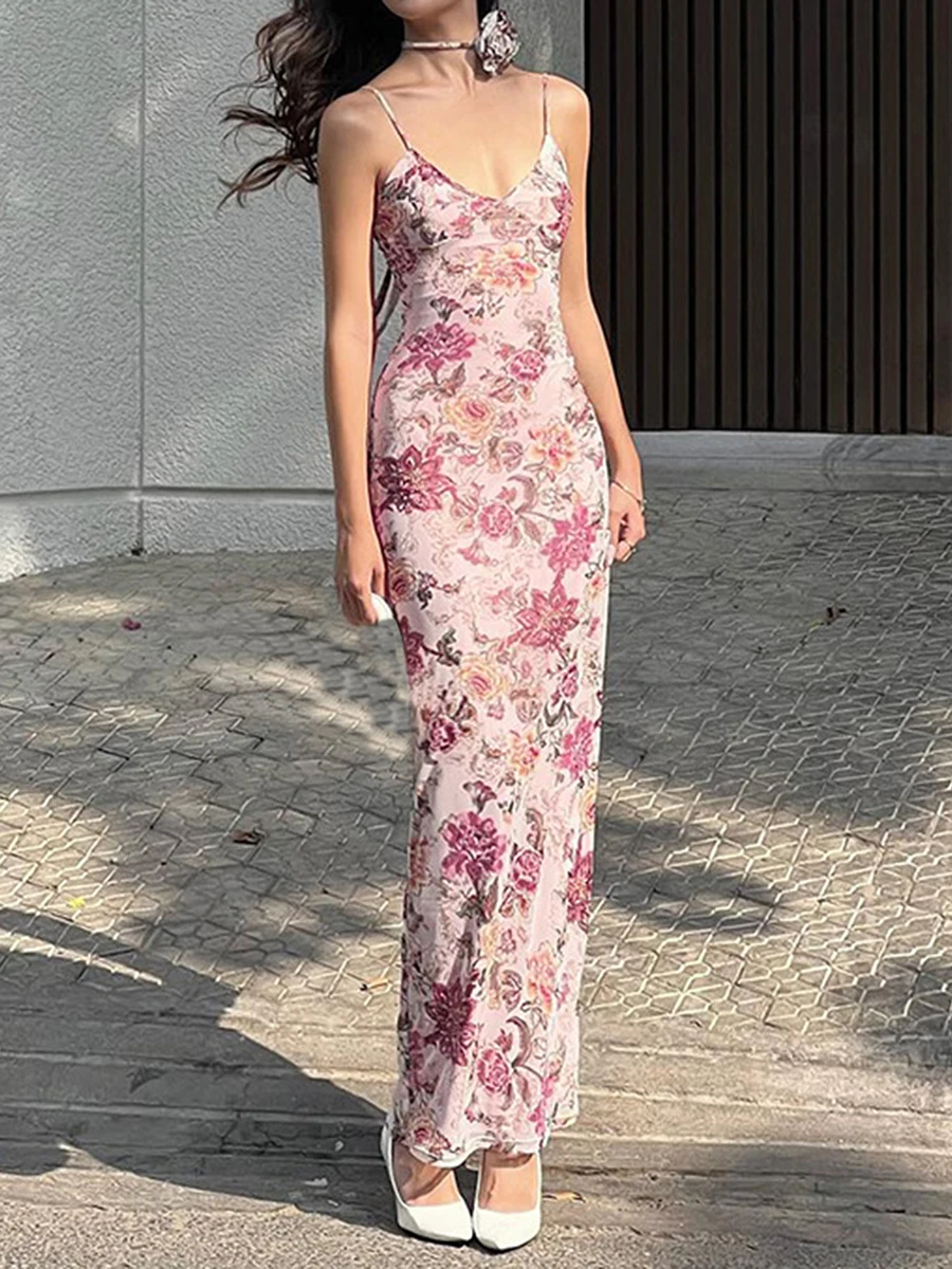 

Women s Floral Print Cami Dress V-Neck Spaghetti Strap Backless Long Dress with 3D Flower Choker