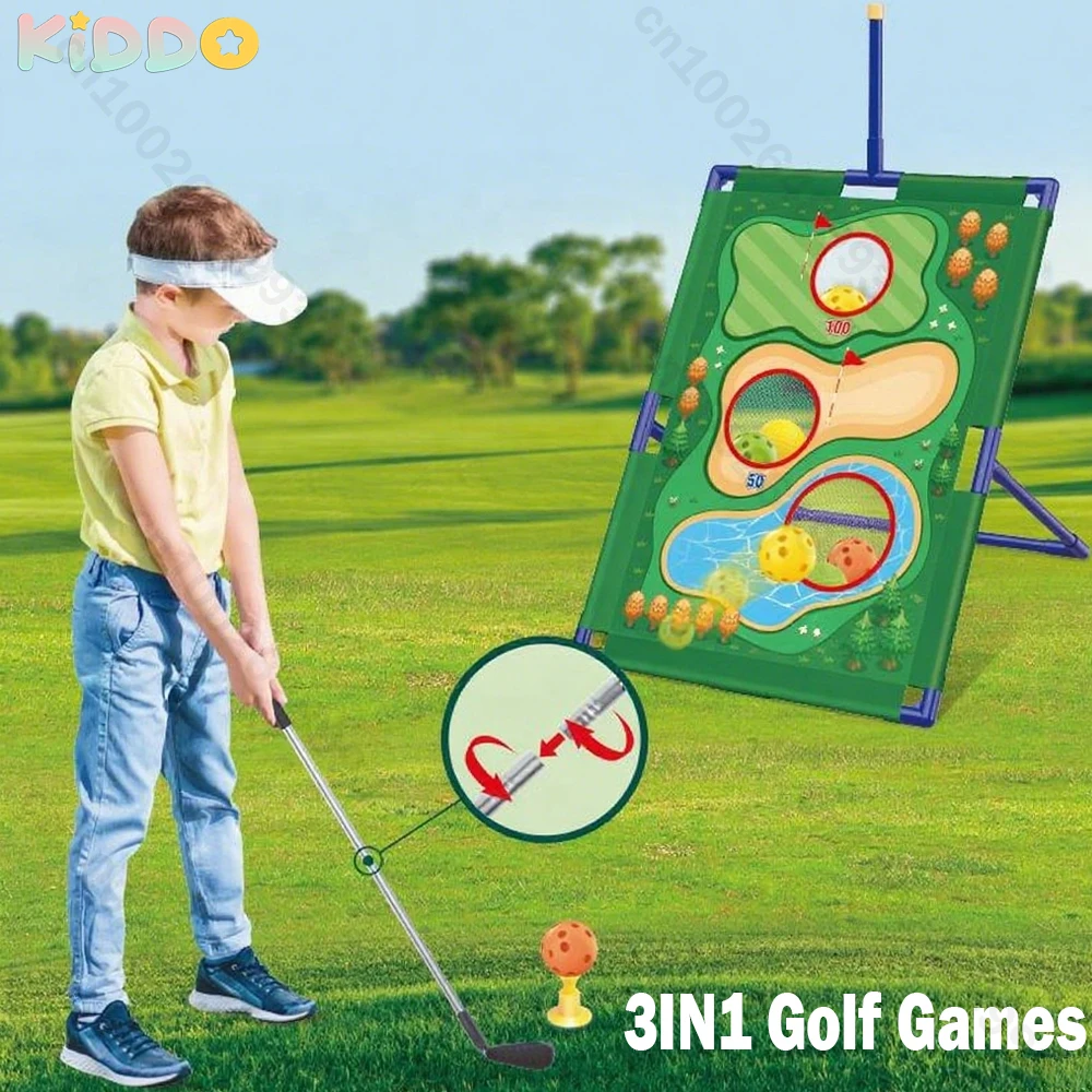 

3 In 1 Kids Golf Games Set Golf Putting Practice Mat Golf Chipping Net Bean Toss Bag Game Kid Multiple Modes Outdoor Golf Game