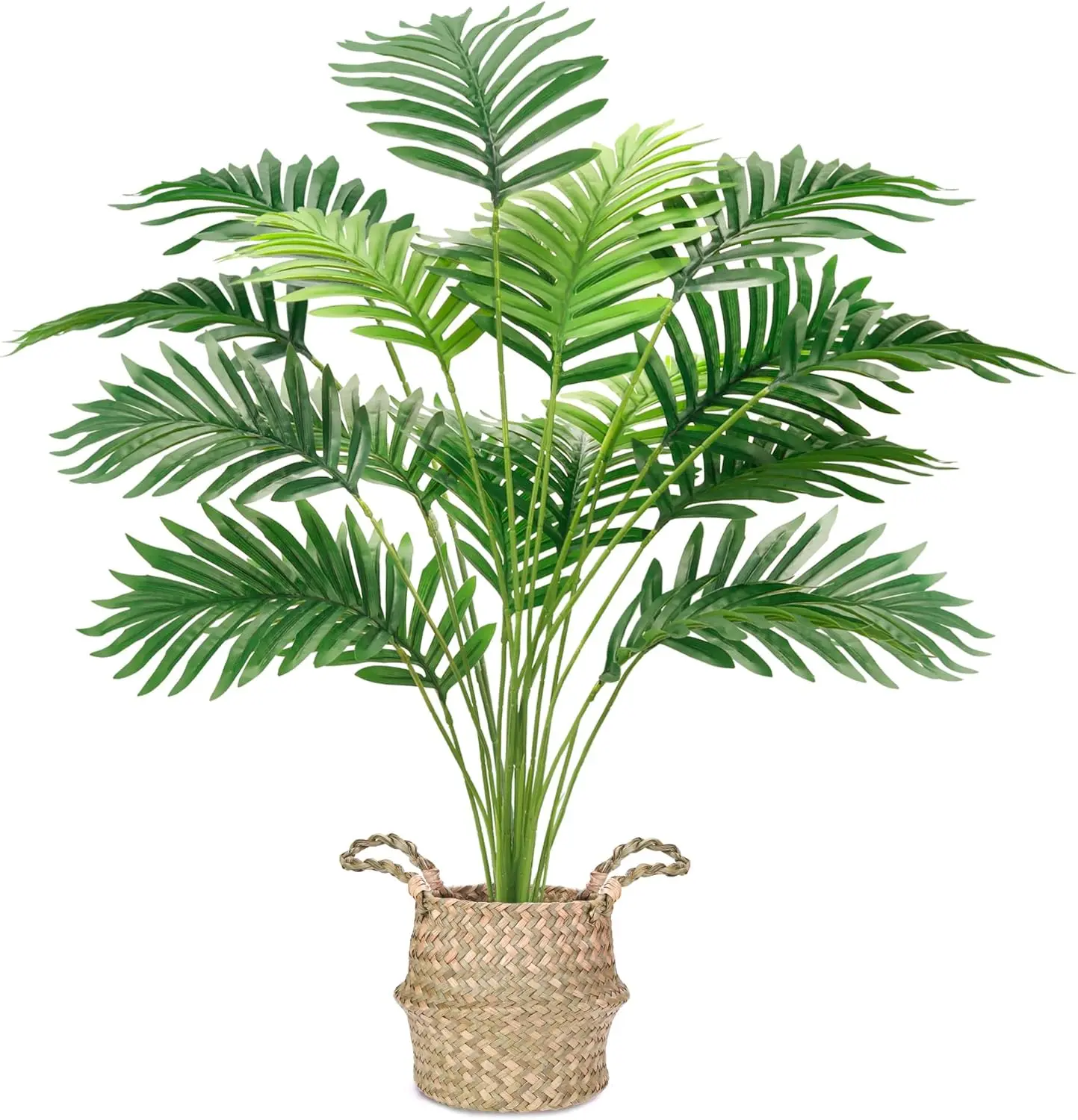 

Fake Potted Faux Areca Palm Plant with Hand-Woven Baskets with Handles for Outdoor Home Office Porch Balcony Bedroom Decor