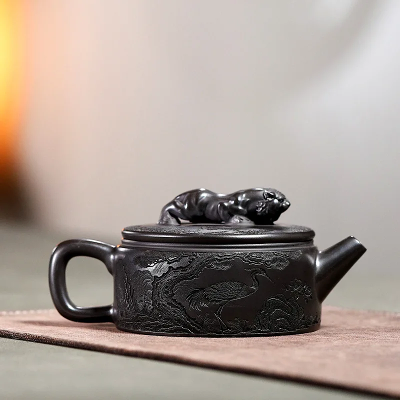 280ml Yixing Purple Clay Teapots Handmade Dragon Tiger Large Caliber Pot Raw Ore Xuan Iron Stone Yellow Mud Kettle Zisha Tea Set