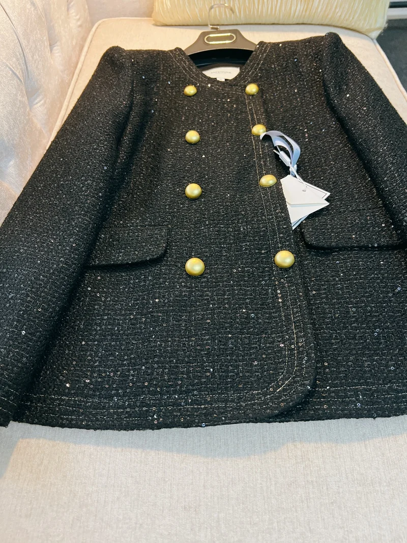 Guesed Tweed Coat Straight Wool Outerwear French Vintage Sequins Top Ladies Elegant Top Quality Blazer Outerwear Autumn Winter