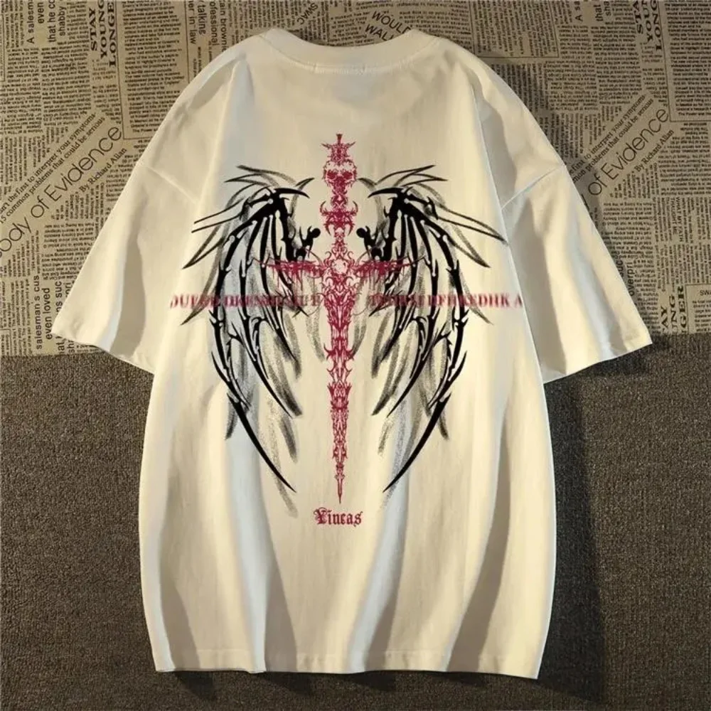 2026 new Gothic Sword Cross Demon Wings Oversized T-Shirt, Red Black Ink Wash Graphic Tee, Harajuku Streetwear Heavy Cotton Top