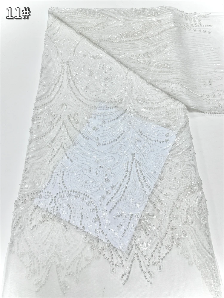 

White High Quality Beaded Lace Fabrics for Wedding Fabric Material Bridal Lace with Sequins Luxury African Lace Fabric 5 Yards