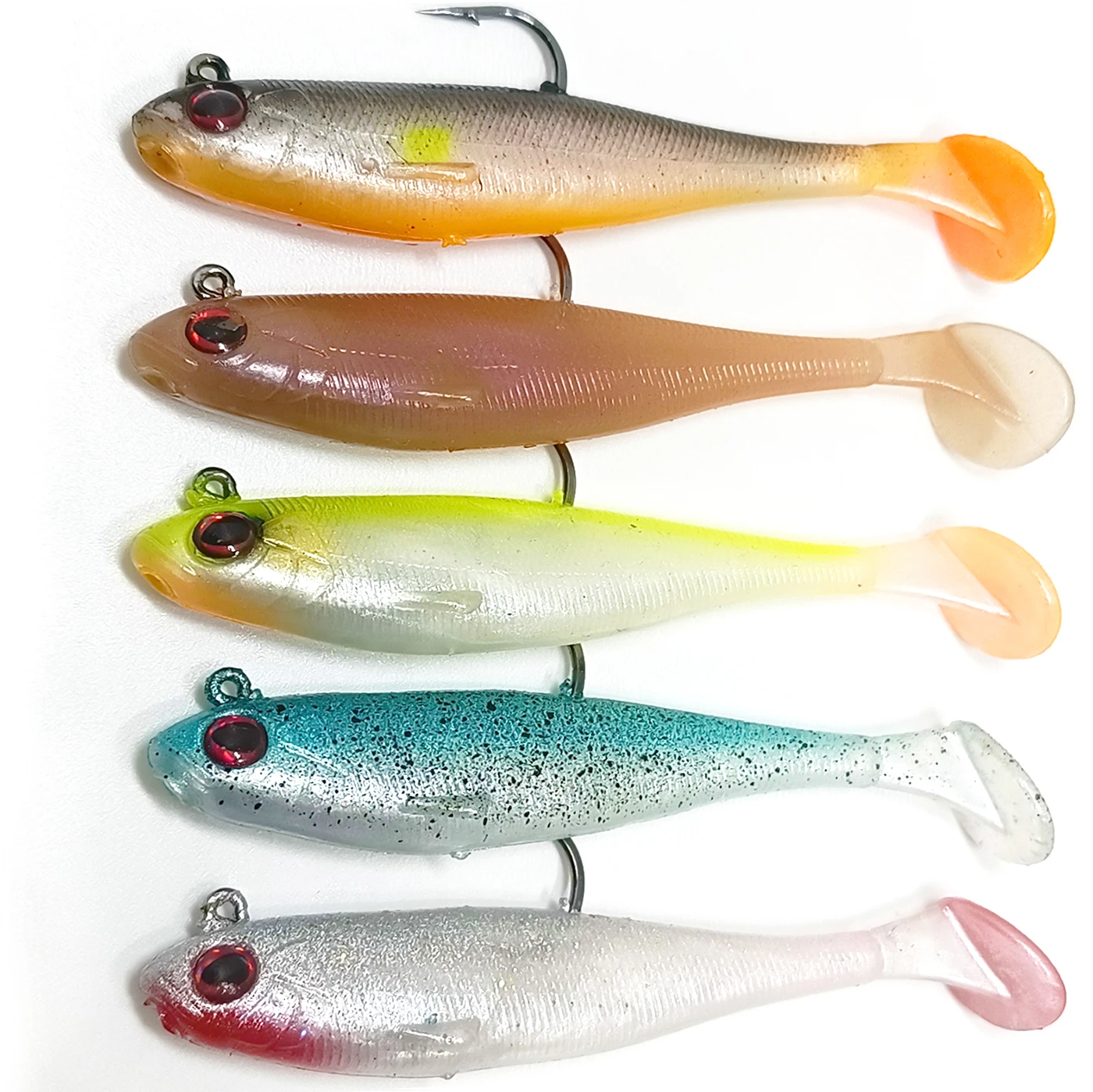 5pcs Pre Rigged Jig Head Soft Fishing Lures Paddle Tail Swim baits Bass Shad Tadpole Lure Spinner Premium Bait