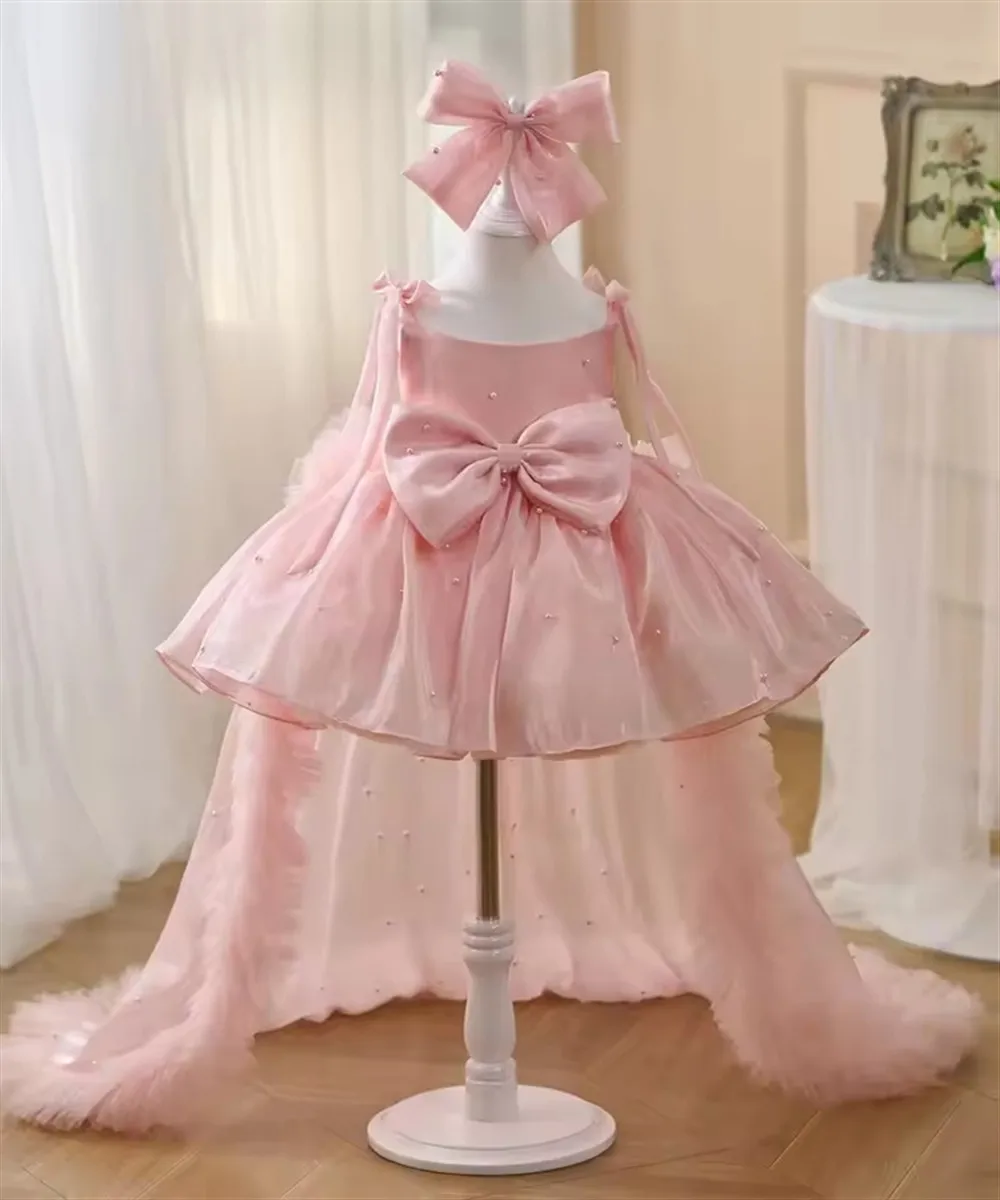 

Luxury Lilac Flower Girl Dress with Hairband Bow Long Train for Princess Wedding Birthday Holiday Party Pageant