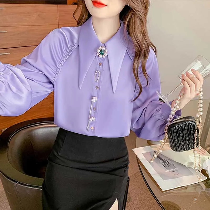 Coreano chique camisas femininas primavera retro estilo palácio blusas apontado colarinho manga sopro pérola botão solto blusas