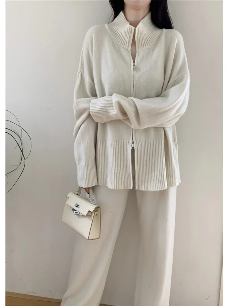 Knitted Autumn 2 Two Piece Set Women Casual Fashion Long Sleeve Ladies Blouses Wide Leg Korean Style Loose Woman Long Pant