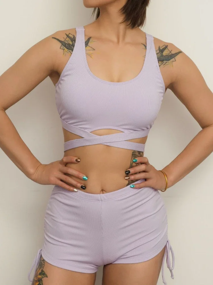 Bikini Set 2 Piece Swimsuit for Women High Waist Solid Color Cross Hollow Out Beach Vacation Backless Bathing Suit 2025 New