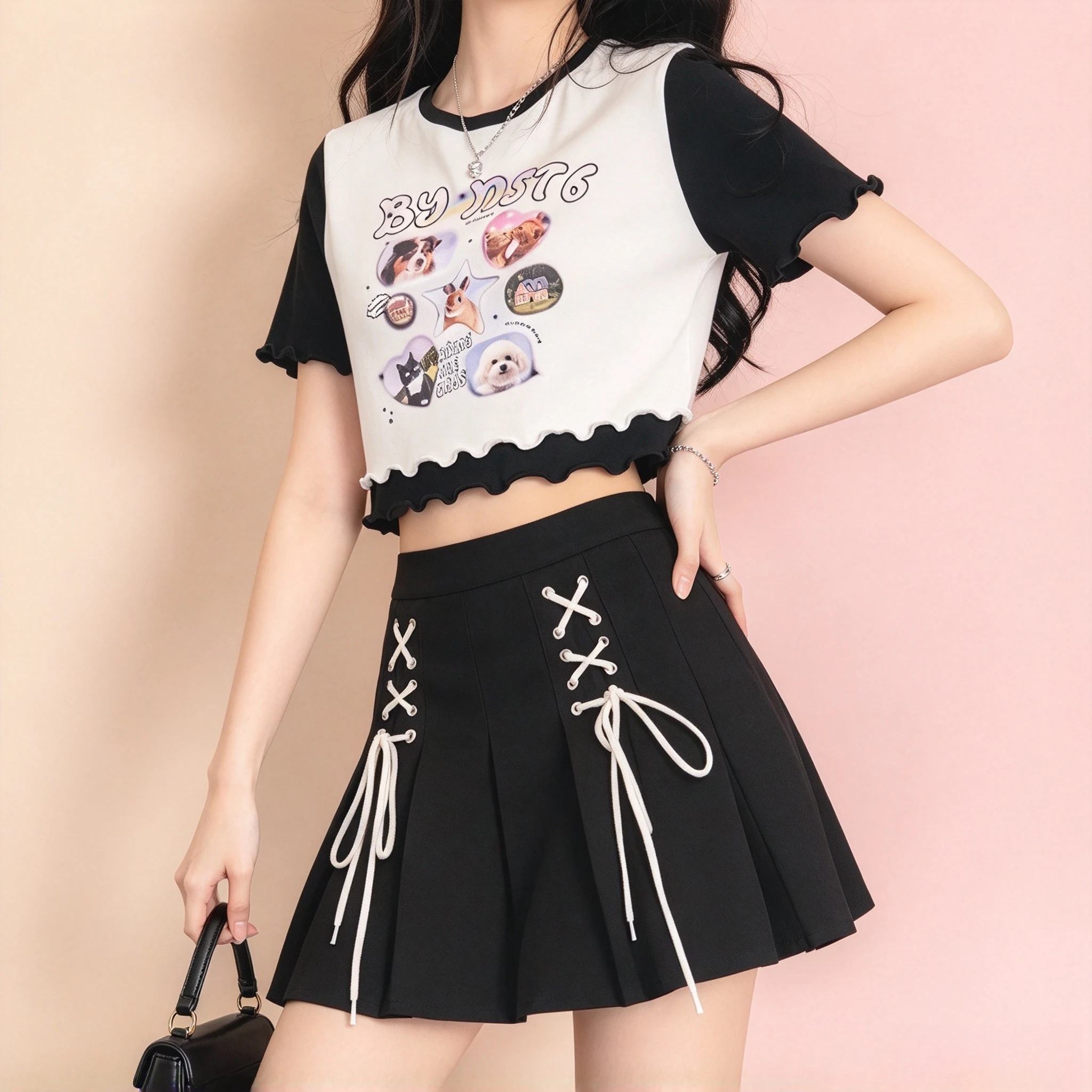 Summer new style animal-themed amusement park patchwork short-sleeved girls' school loose top with pom-pom collar and navelcover