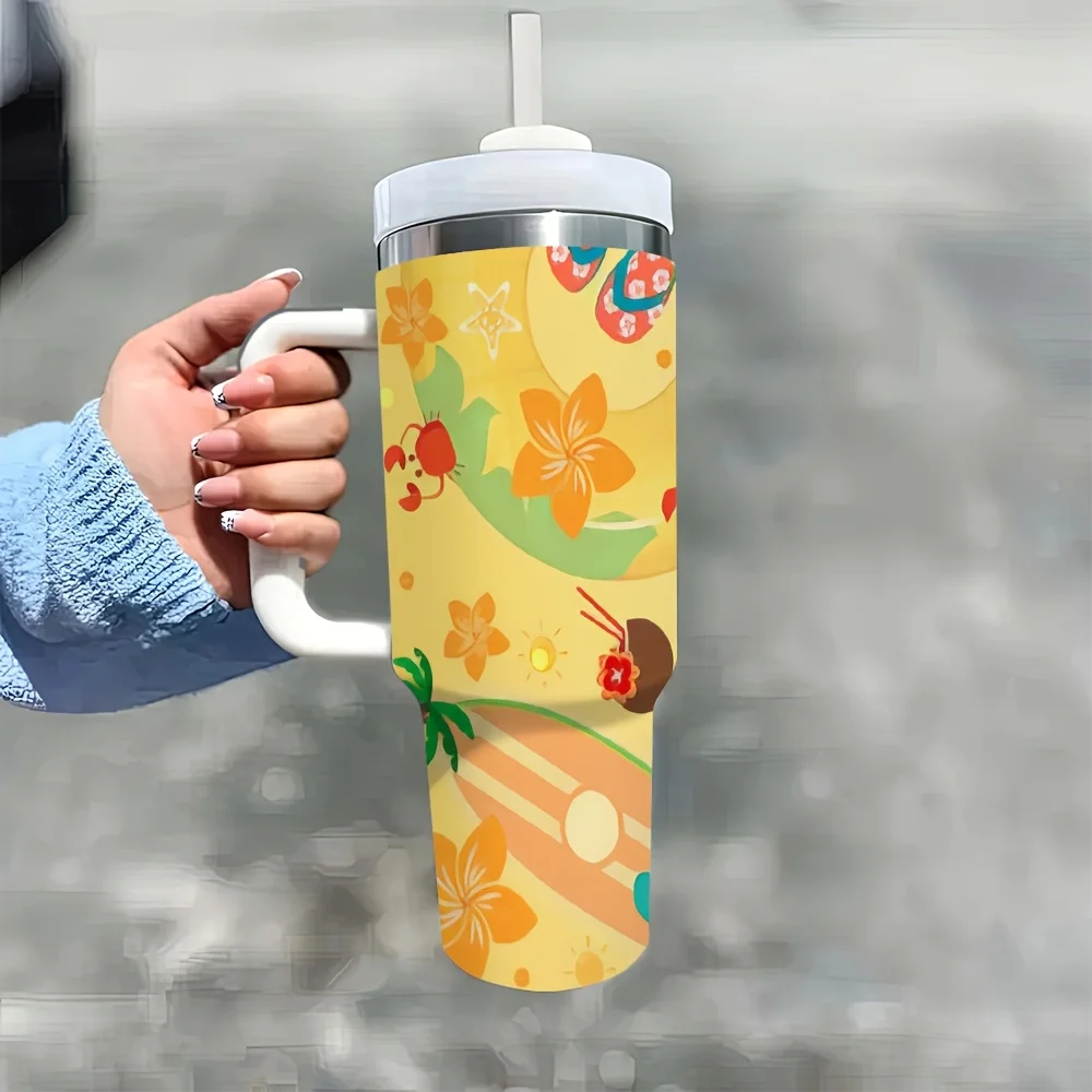 1pc Carnival And Independence Day 40Oz Tumbler with Handle And Straw, Summer Beach Tropical Floral Surf Casual Holiday Element Printed Drinking Cup, Suitable for Home Office Outdoor Camping Travel, Ideal for Daily Use Holiday Picnic Party Gatherings