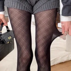 Women Sexy Black Silky Pantyhose Stockings Harajuku Vintage Argyle Checkered Diamond Plaid Patterned Tights Stocking Leggings