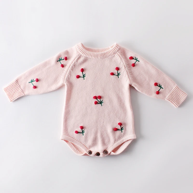 Newborn Girls Jumpsuits Infant Baby Girls Knit Romper Cherry Embroidery Long Sleeve Button Warm Spring Toddler Clothes Jumpsuits