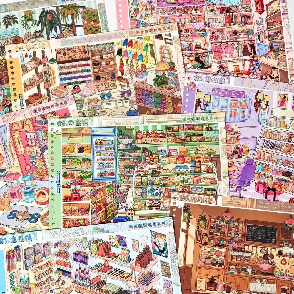 Shop Theme Miniature Scene Sticker 8 Scenes 24 Sheets One Day Store Manager PET DIY Stickers Die-cut Scene Sticker Book