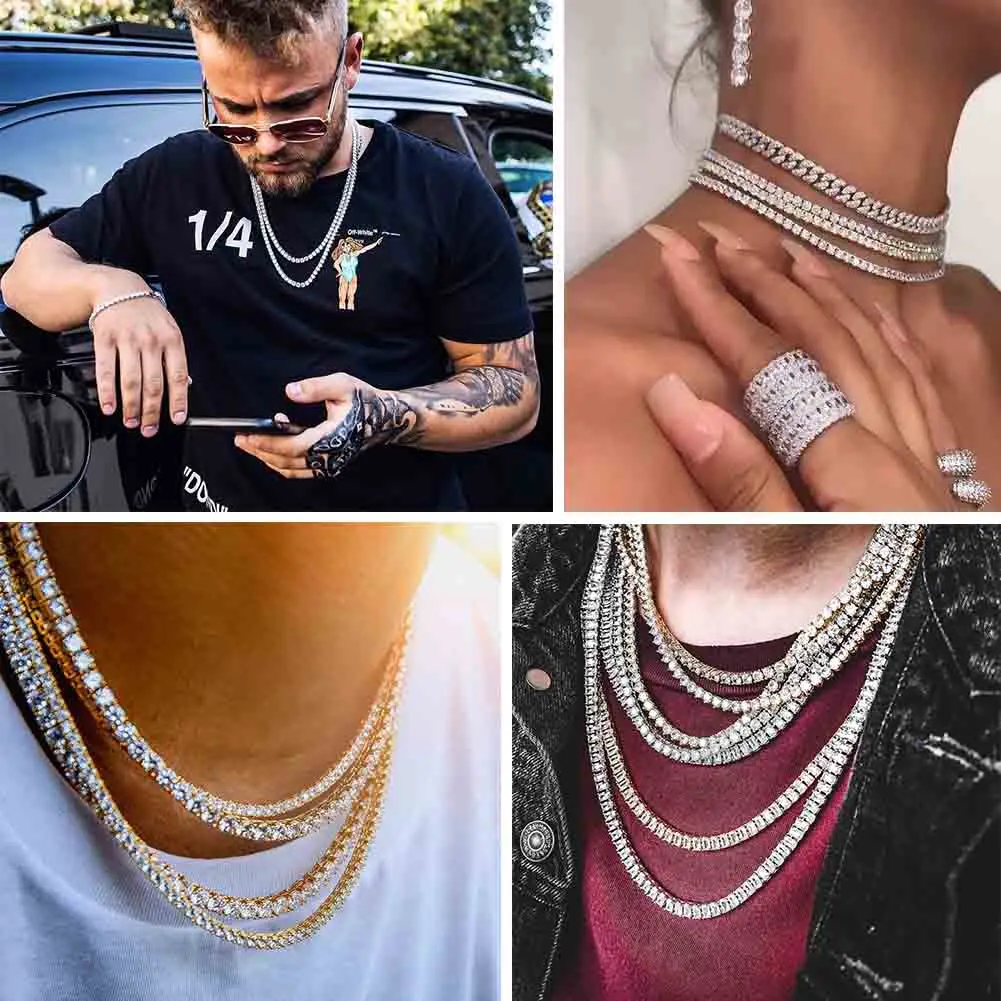 TOPGRILLZ 3mm-10mm  Iced Out Bling AAA Zircon 1 Row Tennis Chain Necklace Men Hip Hop Jewelry Gold Silver Color Charms