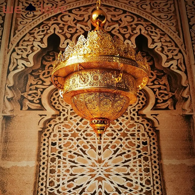 Dubai Hollow Carved Pendant Light 50cm Retro Morocco Hotel Villa Homestays Gold Hanging Light Southeast Asian Style