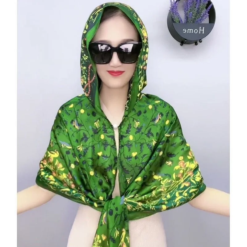 Fashion Brocade shawl With a hat Women Print Small Neckerchief Hair Bandana Female Head Scarves Shawl Foulard