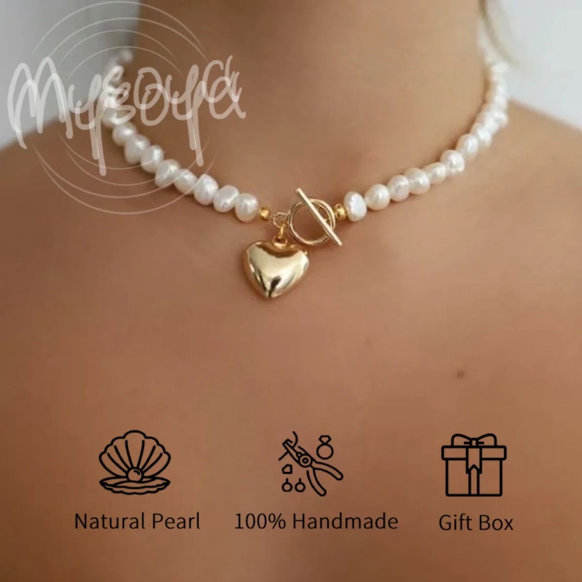 

MYSOYA 7-8mm Natural Baroque Freshwater Pearl Choker Necklace With Heart Pendant Gift Box Unisex Jewelry Wedding Birthday Gift