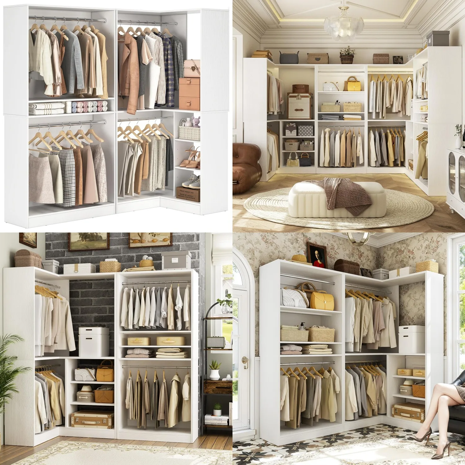 L-Shaped Corner Closet System 72in Wood Garment Rack 4 Hanging Rods Shelves Freestanding Walk-in Bedroom Storage Customized