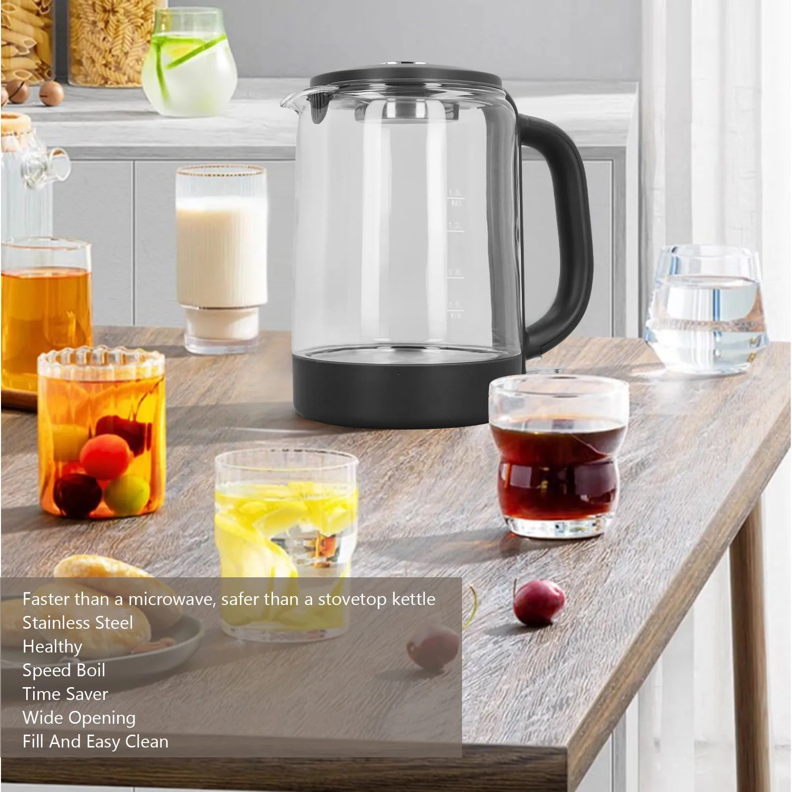 Chaleira elétrica de vidro para chá, 1,5l, água quente, bule, aquecedor, desligamento automático, anti-ebolim seco