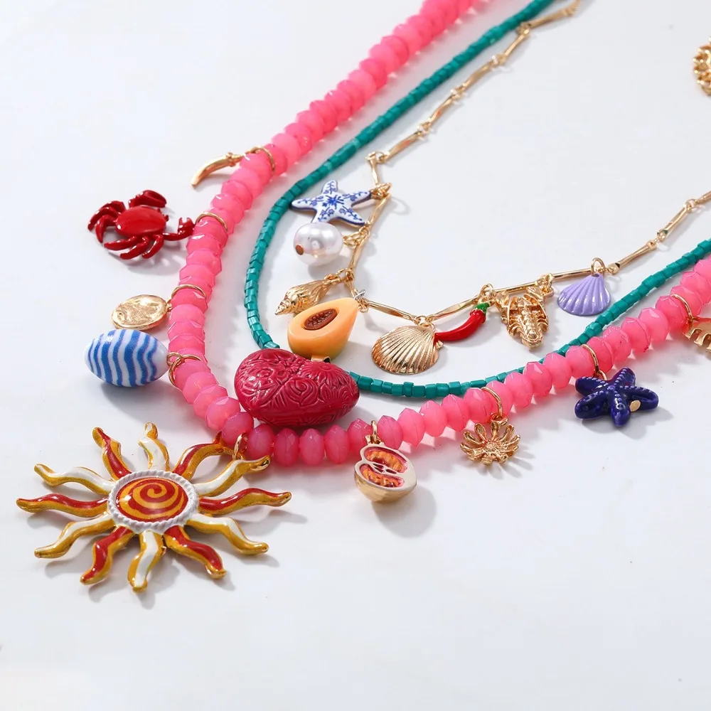 

3PCS New Multi-layer Summer Vacation Beaded Necklace Dopamine Heart Neck Accessories Conch Crab Ocean Style Pendant Necklaces