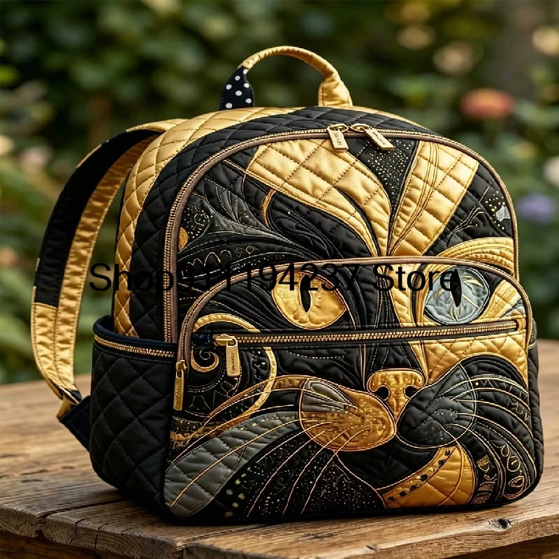 3D Art Deco Cat Face Quilted Backpack Cute Cats Retro Daypack Travel Bag Women Men Outdoor Packsack