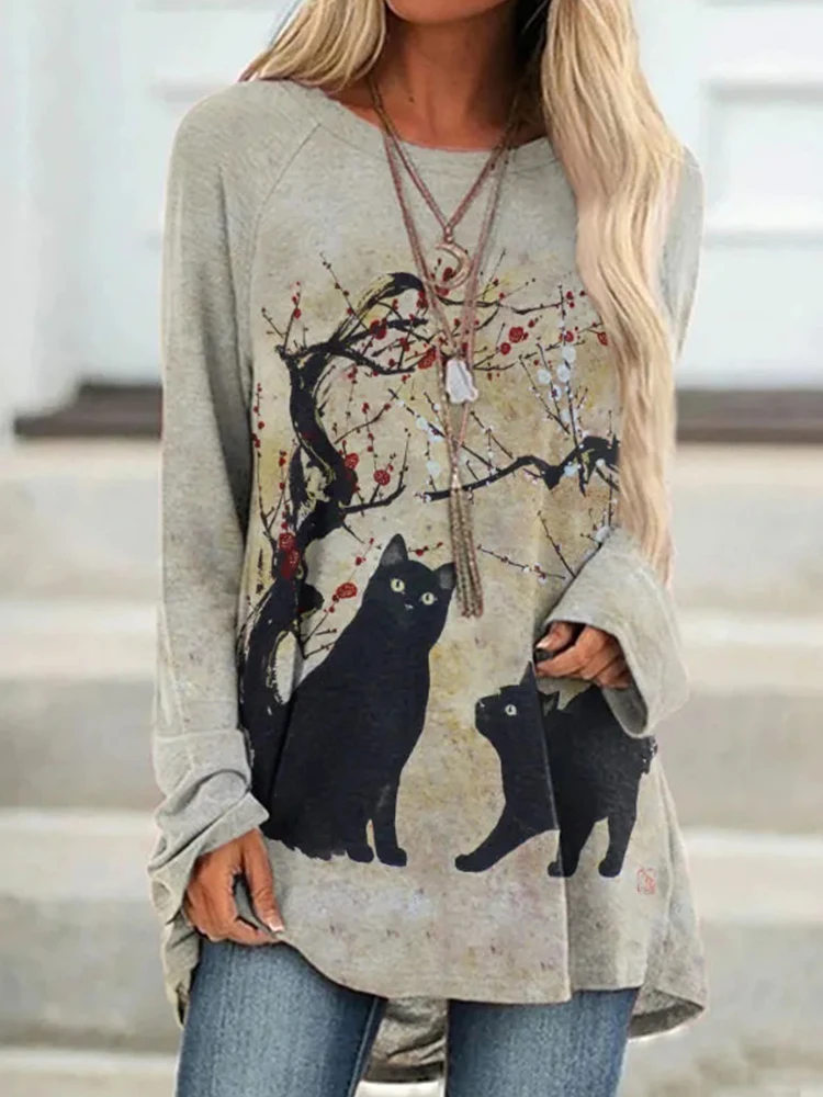 Plum Blossom Cat 3D Printed Ladies Round Neck Autumn Long Sleeve T-shirt Urban Street Trend Fashion Casual Women's Top S-5XL