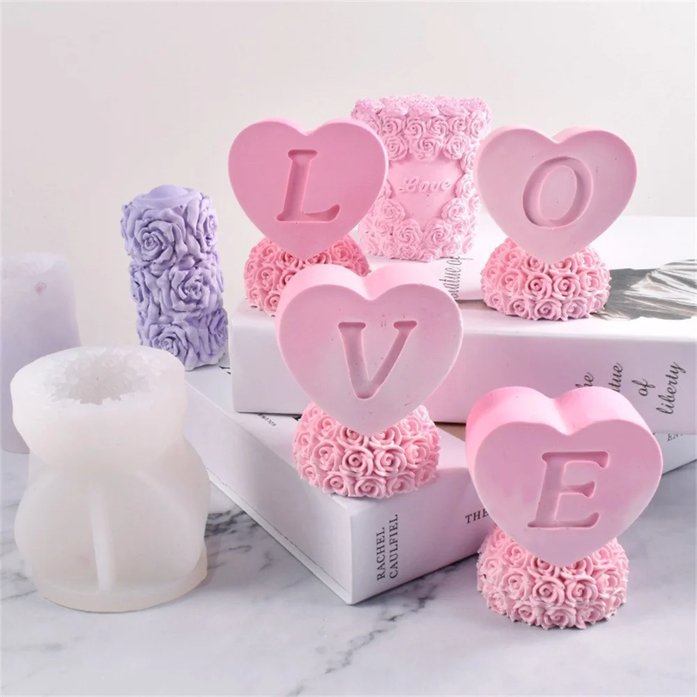 LOVE Rose Pillar Candle Silicone Mold DIY Handmade Aromatherapy Gypsum Soap Candle Making Mould Valentine's Day Home Decor