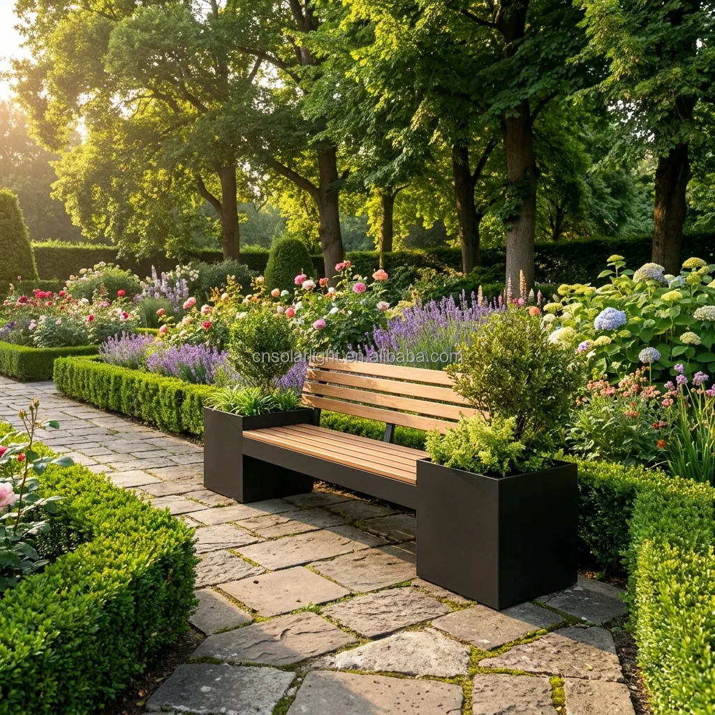 Public Space Landscape Decorative Solar Waterproof Planter Bench Modern Design Outdoor Park Flower Box Long Seat Bench School