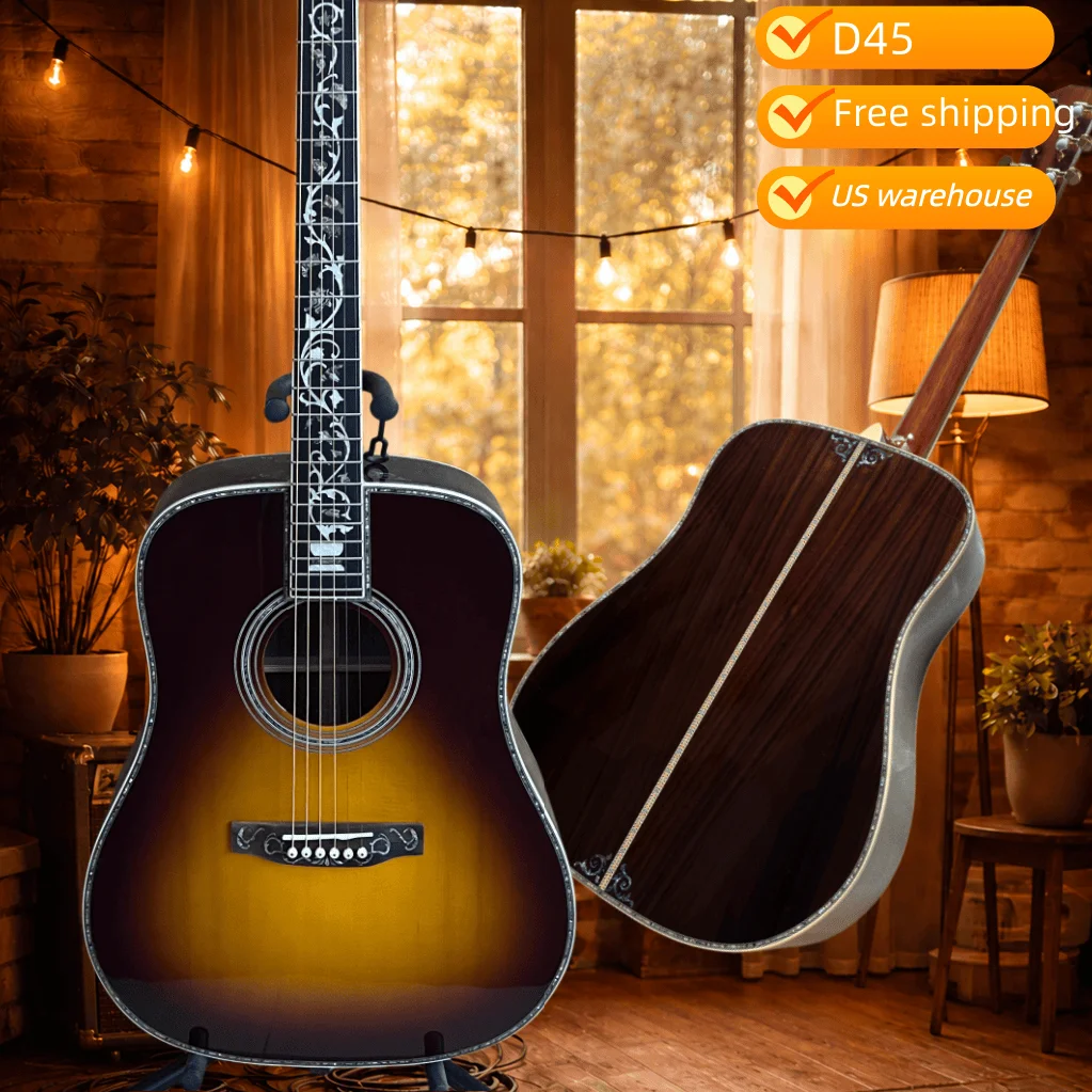 Shipped from USA, D45 Sunburst Acoustic Guitar, Abalone Shell Inlay, 6‑String Folk Guitar, Wood Guitar for Professional Stage Play, Hot‑selling Musical Instrument, Premium Gift Option, Free Shipping