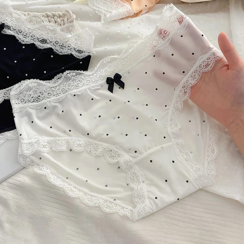 Polka Dot Print Underpants Korean Sweet Lace Patchwork Mid Waist Women's Briefs
