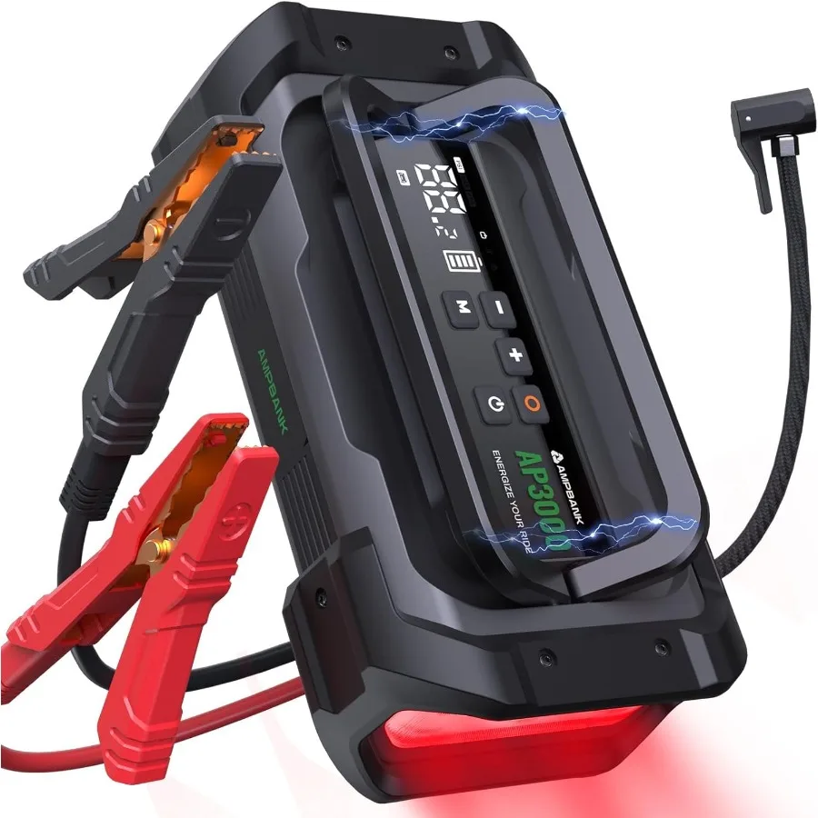 Portable 12V Car Jump Starter with 3000A Peak Current and 150PSI Digital Air Compressor for Emergency Vehicle Battery Boost Int