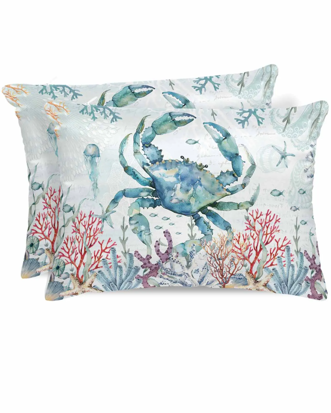 Summer Ocean Coral Blue Crab Starfish Jellyfish Bed Satin Pillowcase Sofa Pillow Cover Case Bedroom Satin Cushion Covers Home