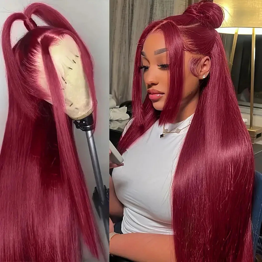 

Straight Wine Red Lace Frontal Wig For Women 13x4 Lace Front Wigs Human Hair Transparent 220% Density Burgundy Pre Plucked 99J