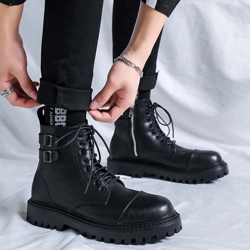 Men Goth Boots New High-Top British Korean Tooling Boots All-Match Trendy Shoes Winter Middle-Top Men's Ankle Chelsea Boots