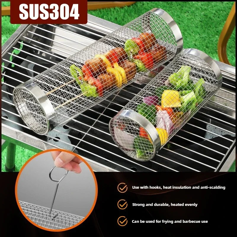 Rolling Grill Basket for Veggies,304 Stainless Steel Round Barbecue Net Tube,Rolling Barbecue Grill Cage,BBQ Grilling Basket