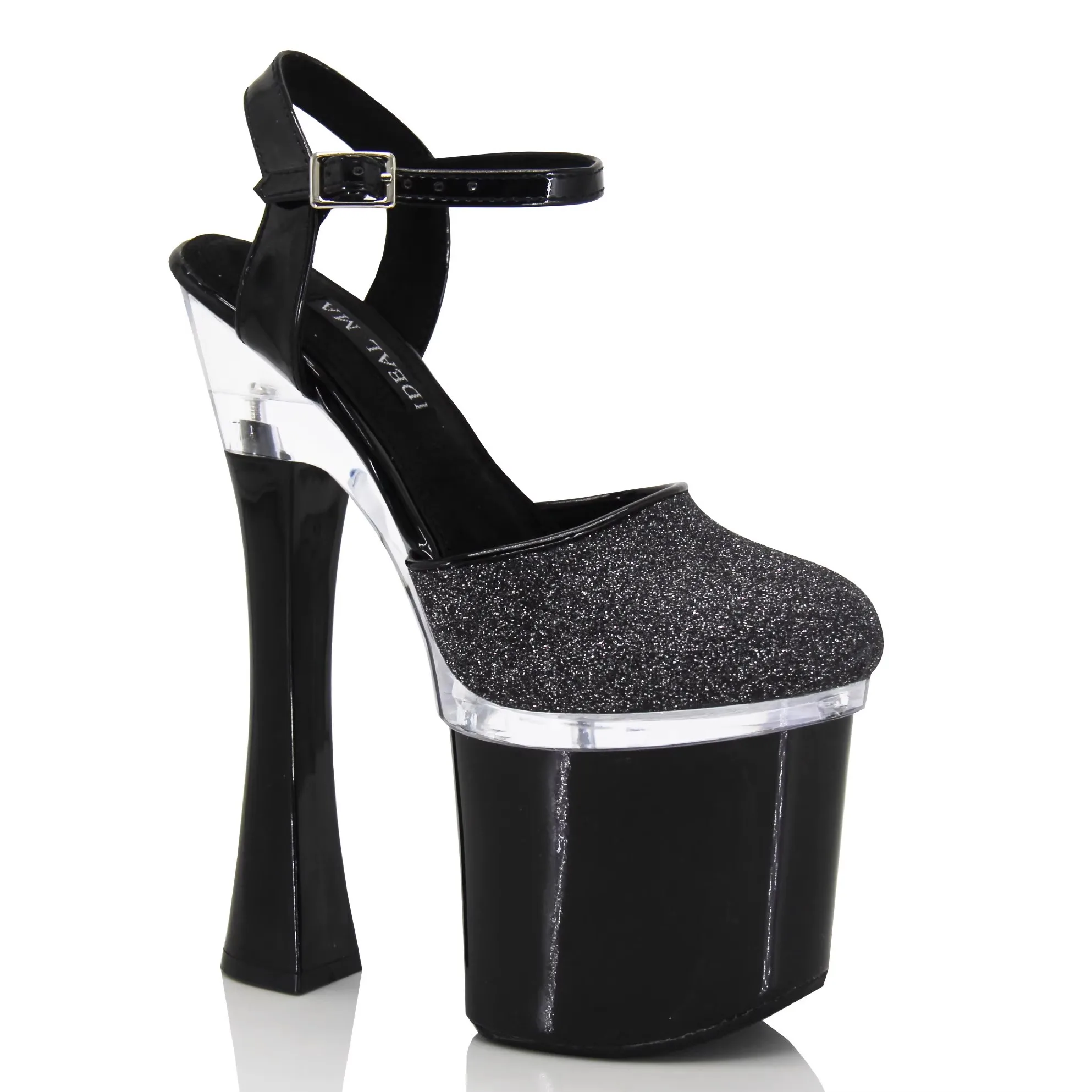 Plus Size Summer Party High Heels 18CM Round Heel Platform Sandals For Women Black Buckle Strap Fashion Model Catwalk Show Shoes