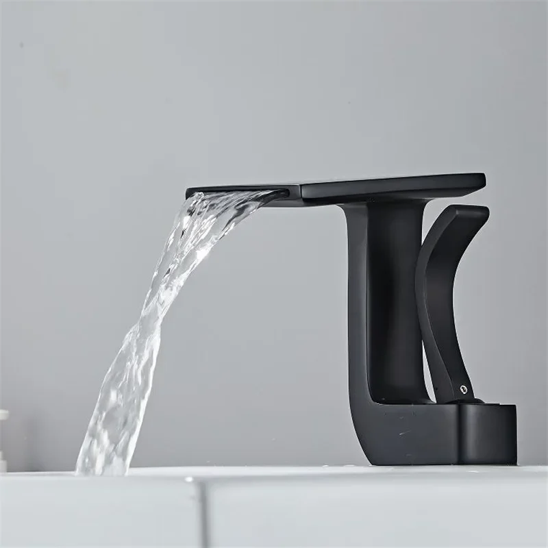 Grifo negro para lavabo de baño, mezclador de agua fría y caliente, grúa montada en cubierta, un solo orificio, blanco