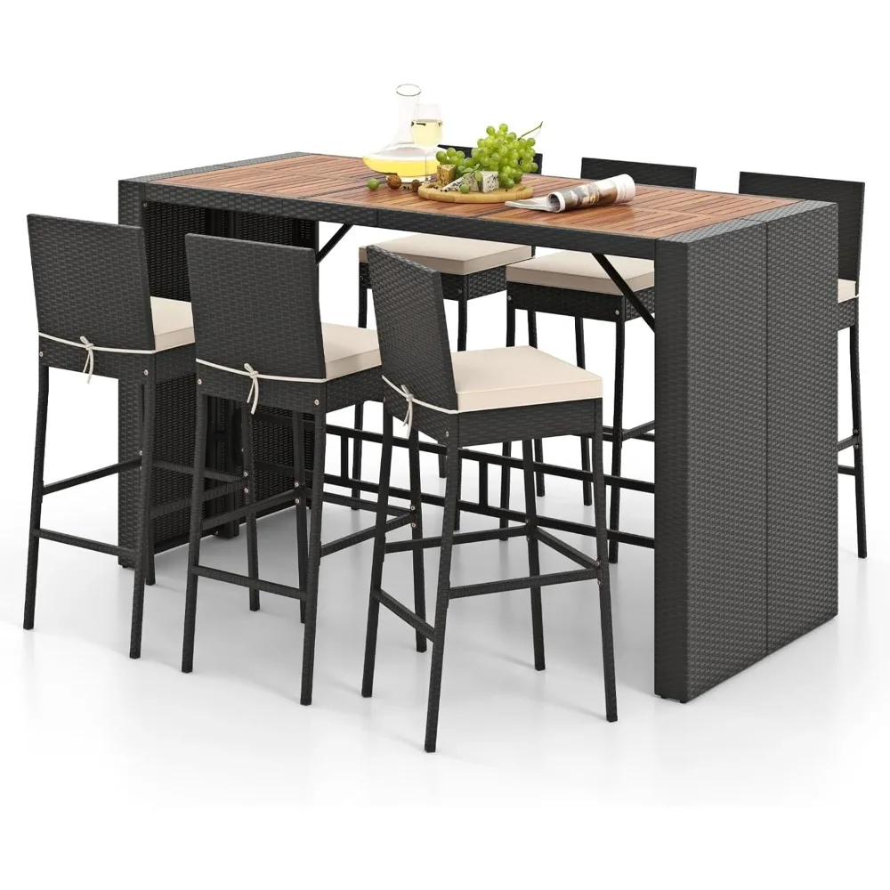 

Bar Furniture, Outside Patio Bistro Set for Backyard Wicker Rattan Bar Height Dining Table, Seat Cushions Backrest Footrest