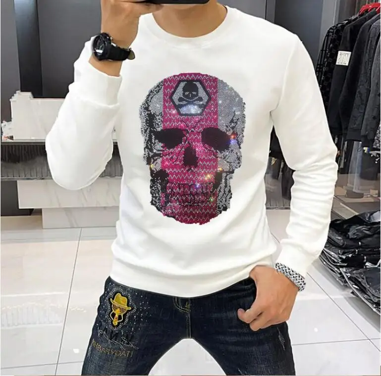 Rhinestones Pullover Sweatshirts  Men Summer slim fit Streetwear O-Neck Casual men top  Man designer drop shipping