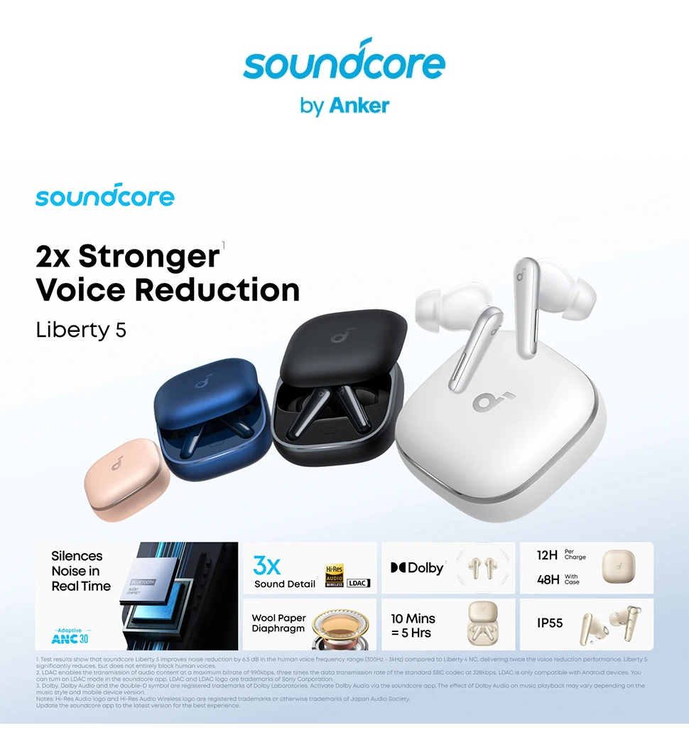 Soundcore by Anker Liberty 5 Noise-Cancelling Wireless Earbuds ANC 3.0 Earphone Bluetooth 48H Wireless Bluetooth Headphones