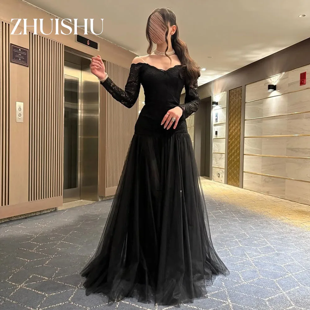 ZHUISHU ثوب مسائي أسود أنيق للنساء من الدانتيل المرقعة على شكل حرف A فساتين طويلة للحفلات الراقصة مخصصة بأكمام طويلة فستان رسمي للمناسبات #1