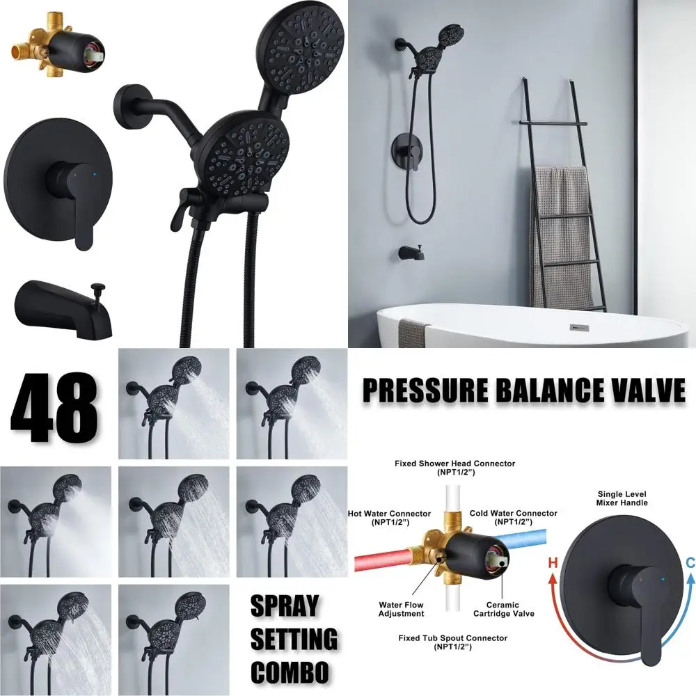 

Complete 48-Setting Dual Shower Head and Faucet Set with 3-Way Diverter for Tub and Shower in Black