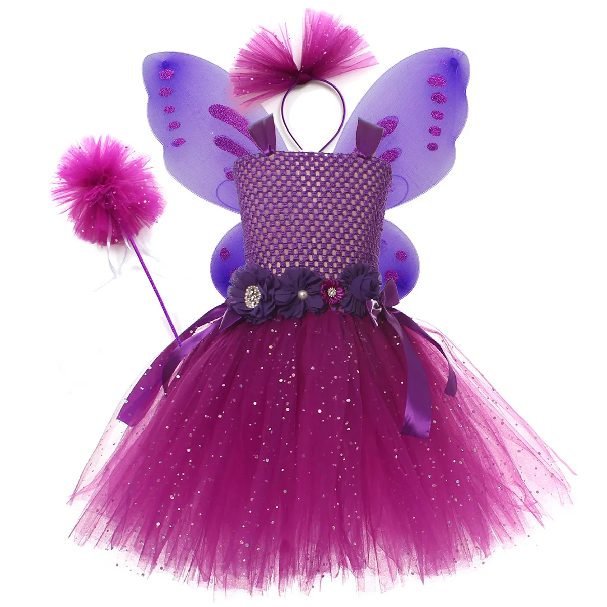 

Girls Birthday Party Glitter Tutu Dress Kids Flower Fairy Dresses with Butterfly Set Children Festival Performances Costume